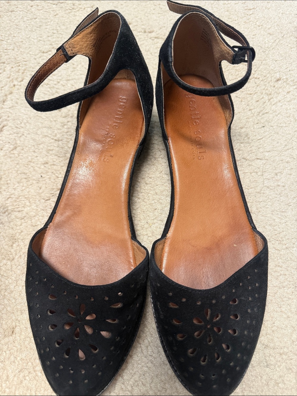 Gentle Souls Black Laser-Cut Ankle-Strap Flats - 9M